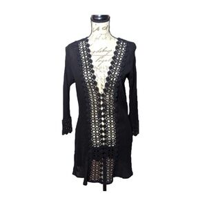 Raviya Cover Up Tunic Dress Black 3/4 Sleeve Cotton Crotchet Boho Festival M